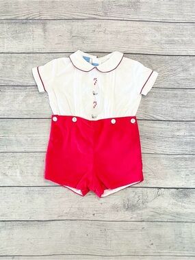 NWT White and Red Baby Shortall with Candy Cane Embroidery
